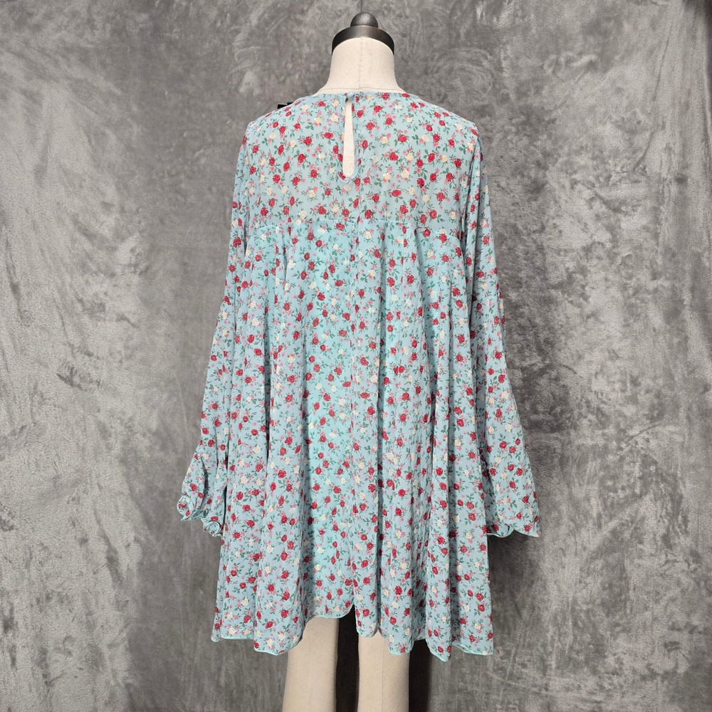 Boohoo Womens Blue Floral Pleated Smock Dress Bell‎ Sleeve NWT Sz 14 Cottagecore - Picture 4 of 14